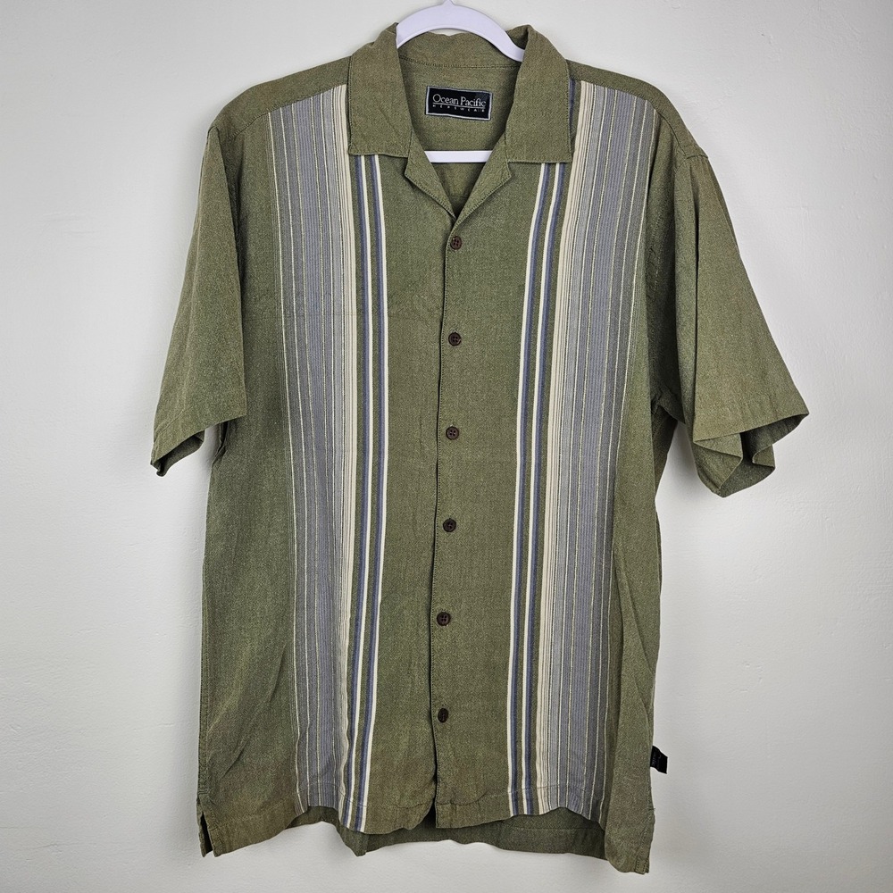 VTG OP Ocean Pacific Button Up Men M Green Stripe Camp Shirt Short Sleeve